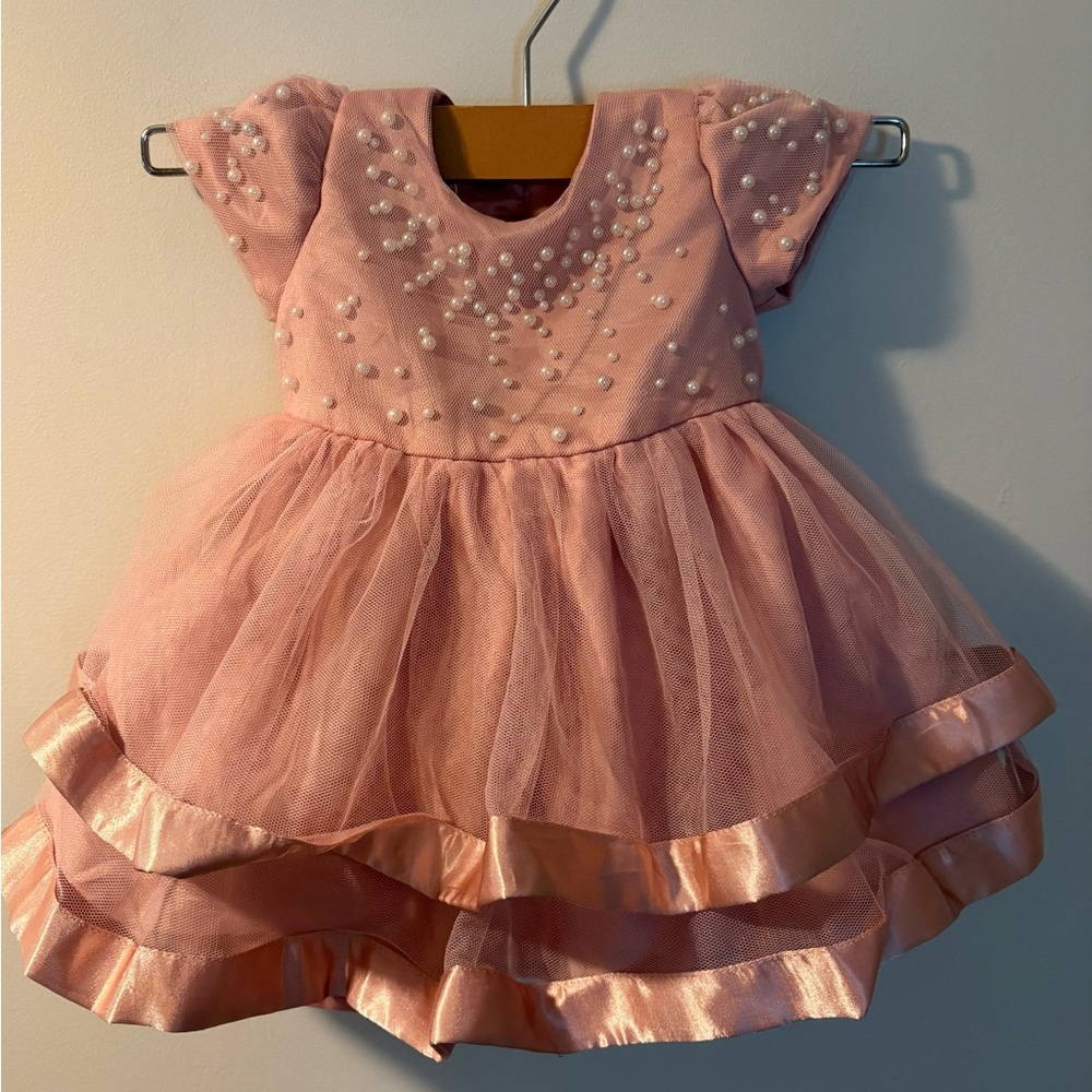 Harlow & Rose Baby Girl Pink Pearl Tulle Dress – Size 0/3M